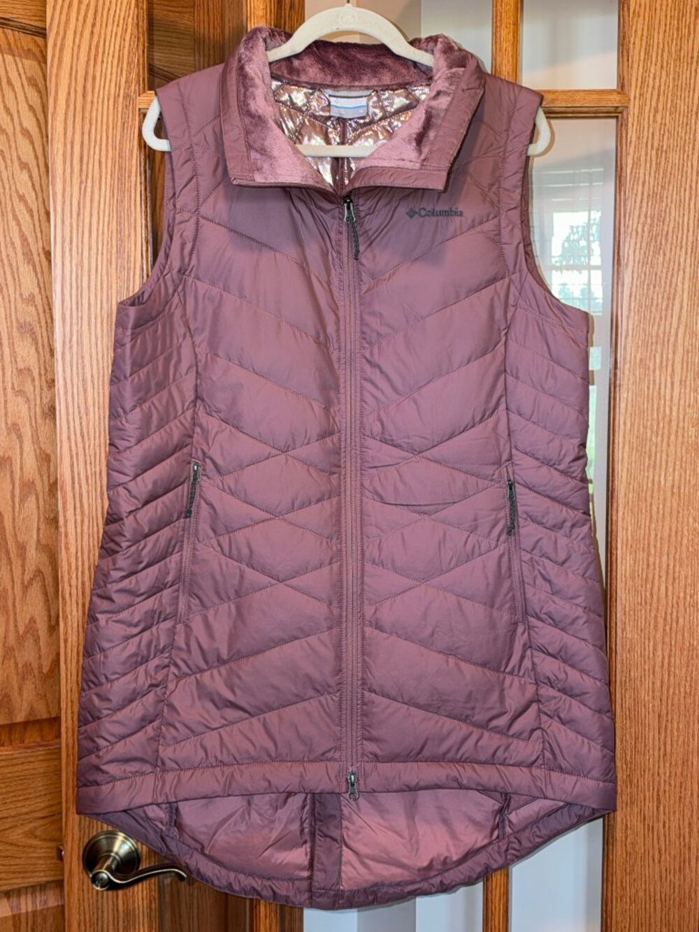 EUC COLUMBIA HEAVENLY LONG PUFFER VEST TOP COAT MAUVE PINK SZ XL LAYERING COZY
